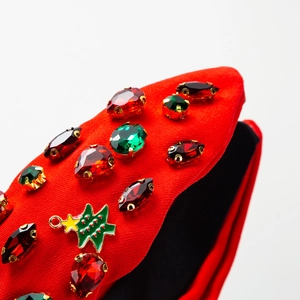 Serre-tête rouge en tissu avec breloque sapin de Noël et strass colorés brillants