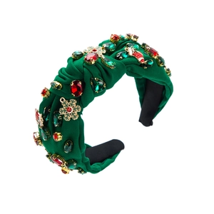 Serre-tête de Noël en tissu vert avec strass colorés et flocons de neige dorés