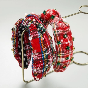 Christmas Red Scottish Plaid Knotted Headband Snowflake Faux Artificial Pearl Rhinestone Festive Hair Band For Women Winter Party Decor
