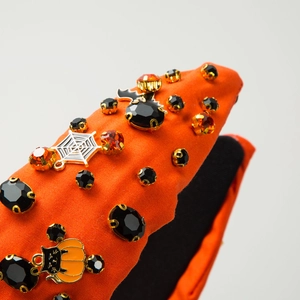 Halloween pumpkin ghost headband with orange satin fabric and rhinestones for women