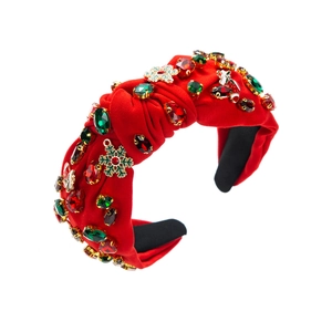 Serre-tête de Noël rouge en tissu tricoté avec strass et accessoires festifs