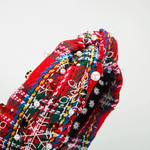 Christmas tartan headband with white pearls, rhinestones and snowflakes on red fabric