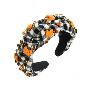 Cerchietto Halloween a quadretti bianchi e neri con decorazioni a zucca e strass arancio