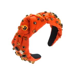 Serre-tête Halloween en tissu orange avec cristaux noirs et breloques de citrouilles