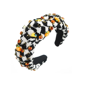 Cerchietto di Halloween con motivo pied-de-poule, strass arancioni e ciondoli a zucca