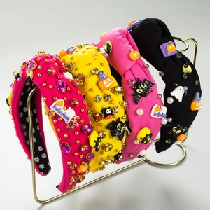 Halloween Padded Headband For Women Fabric Rhinestone Artificial Pearl Pumpkin Ghost Bat Decor Party Hair Accessories