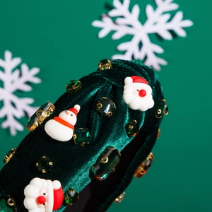 Serre-tête de Noël en velours vert avec figurines Père Noël, bonhomme et gemmes