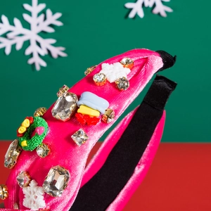 Pink velvet Christmas headband with rhinestones, snowflakes and festive ornaments