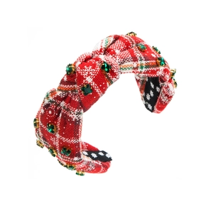 Christmas red plaid headband with white snowflakes and sparkling green rhinestones