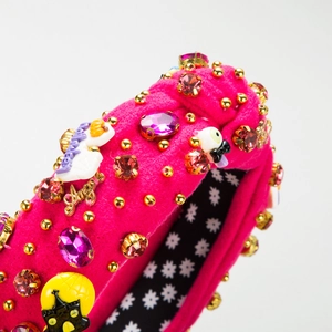 Magenta plush Halloween headband with purple gems, gold studs and ghost charms