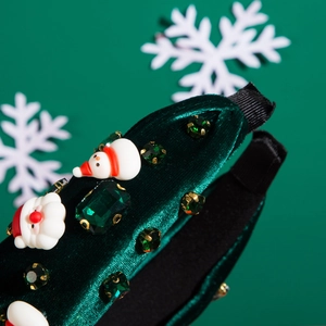 Serre-tête de Noël en velours vert avec pères noël et strass émeraude brillants
