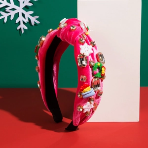 Pink velvet Christmas headband with rhinestones, snowflakes and festive wreath decorations