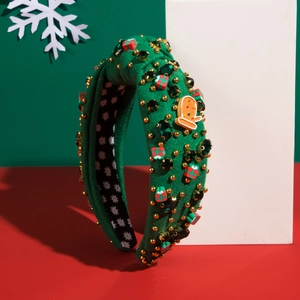 Christmas velvet knot headband in dark green with resin gift boxes and gem decorations