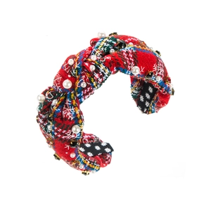 Christmas red plaid headband with white snowflakes, pearls and sparkling rhinestones