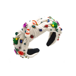 Christmas velvet headband with snowman tree decor and colorful rhinestones on white background
