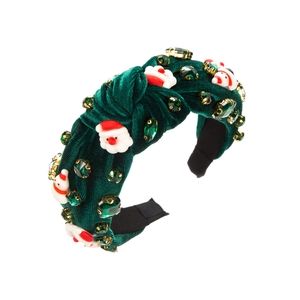 Serre-tête de Noël noué en velours vert avec strass et figurines de Père Noël