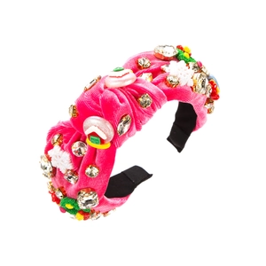 Pink velvet Christmas headband with rhinestones, snowflakes and festive floral ornaments