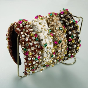 Serre-tête Luxueux en Tweed avec Strass et Künstliche Perles pour Femmes Élégant Serre-tête Rembourré Large Rétro Style Coréen Accessoire de Coiffure pour Fête Mariage Quotidien