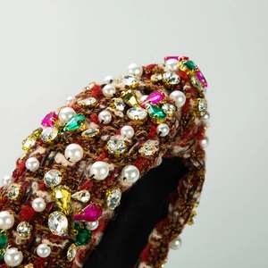 Serre-tête en tweed rembourré avec cristaux colorés et perles pour un style chic