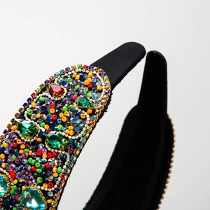 Heavy hand-beaded Baroque headband with colorful crystals and rhinestones on black fabric