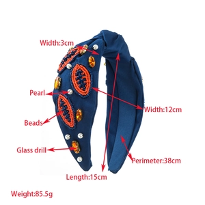 Serre-tête baroque bleu marine orné de perles, strass et motif rugby, dimensions incluses