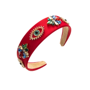 Barock-Haarreif aus rotem Samt mit bunten Kristallblumen und Evil Eye-Verzierungen