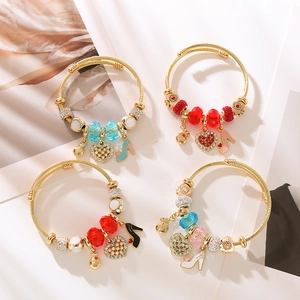 Fashion Alloy Rhinestone Charm Bracelet Adjustable Snake Chain Heart High Heel Pendant Artificial Pearl Women Jewelry