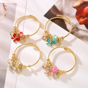 Bracciale Rigido in Acciaio Inossidabile e Lega per Donna Pendente a Cuore e Farfalla con Strass Braccialetto Regolabile Oro