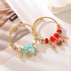 Adjustable gold bead bracelets with heart and high heel pendants in blue and red themes