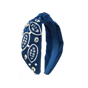 Serre-tête bleu marine noué à la main avec broderie de perles et cristaux