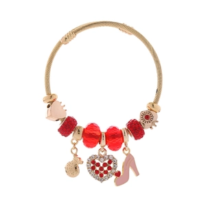 Adjustable golden charm bracelet with red beads and high heel heart pendant charms