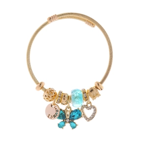 Bracciale a corda dorato regolabile con farfalla, ciondoli a cuore e perle di vetro blu