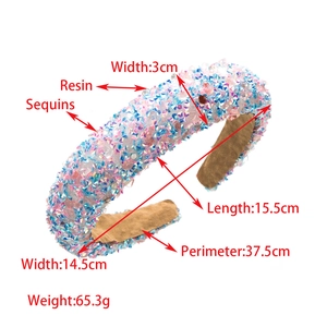 Sparkly resin sequin wide headband with sponge padding and dimensions measurements