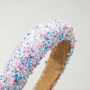 Sparkly resin sequin sponge headband with colorful rhinestones for a high top hairstyle