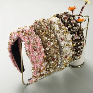 Serre-tête Large Rembourré en Tweed pour Femme Orné de Künstliche Perles et Strass Breloque Rugby Football Accessoires Cheveux Chic