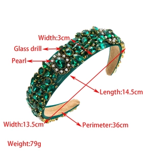 Luxury Baroque green velvet headband with crystals and pearls, 3cm wide fashion headpiece