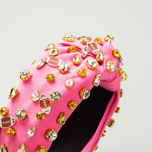 Serre-tête rugby rose avec cristaux brillants et design en tissu noué élégant