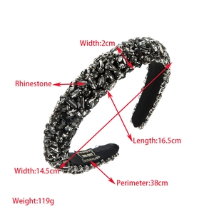 Baroque padded headband with dark grey rhinestones and dimensions displayed on white