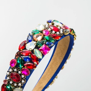 Luxury Baroque blue velvet headband with colorful crystals and pearls for women