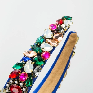 Luxury Baroque headband with colorful crystals and blue velvet fabric for women