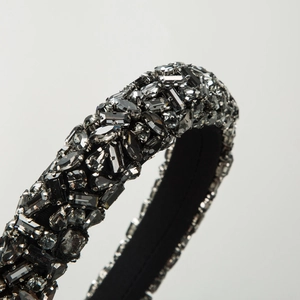 Baroque style wide headband with hand-sewn gray crystals on black fabric base