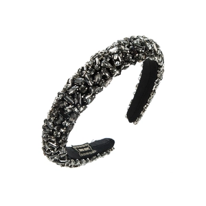 Detail of hand-sewn black baroque headband with grey crystals and rhinestones
