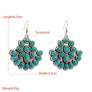 Vintage bohemian fan-shaped earrings featuring turquoise stones and silver alloy metal