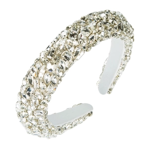 Close-up of padded baroque headband with luxury sparkling hand-sewn crystals and rhinestones
