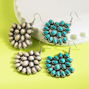 Bohemian Retro Fan Shaped Alloy Inlaid Turquoise Dangle Earrings For Women Western Geometric Ethnic Style Jewelry Gift