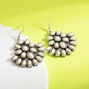 Bohemian fan-shaped drop earrings with white stones in vintage silver finish