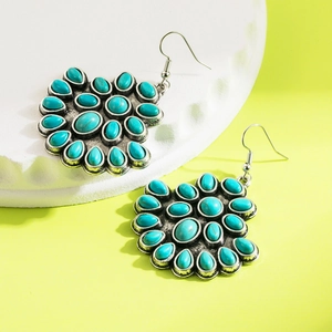 Bohemian silver alloy drop earrings with turquoise stones in a fan shape design