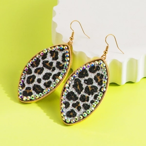 Orecchini a Goccia in Pelle con Stampa Leopardata a Forma di Foglia con Strass Incastonati in Lega per Donna Gioielli da Festa