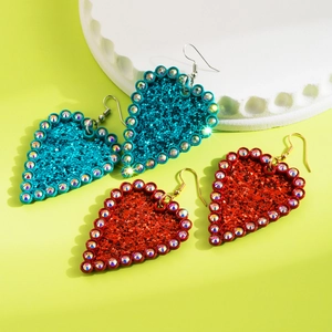 Fashion Heart Dangle Earrings With Glitter Leather And Sparkly Rhinestone Border Alloy Hook Statement Jewelry For Women