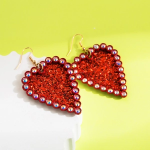 Sparkling red heart earrings with sequins and colorful rhinestones for women